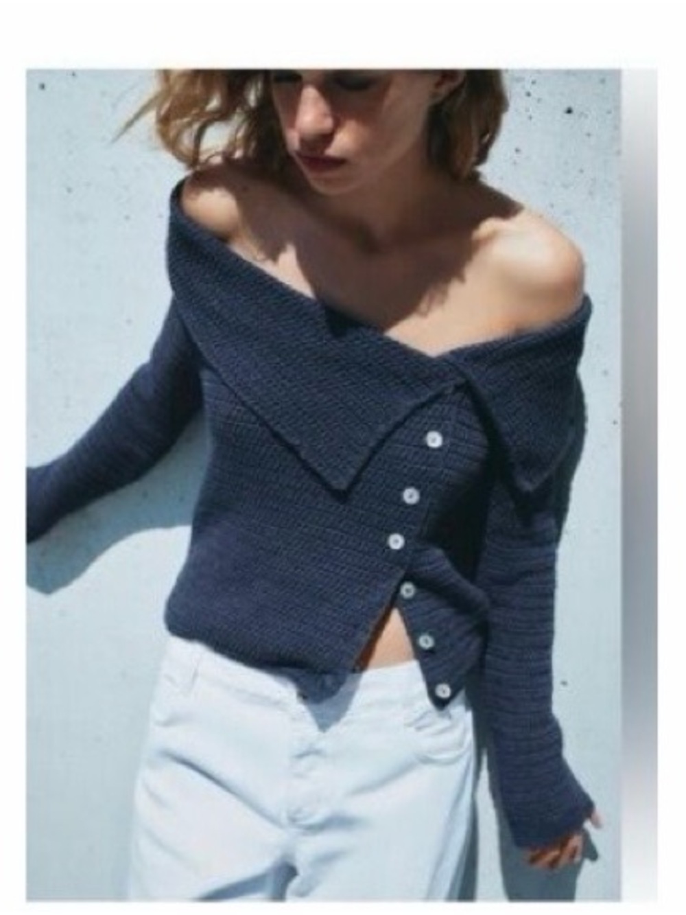 Zara Dark Gray Off-Shoulder Buttoned Knit Sweater